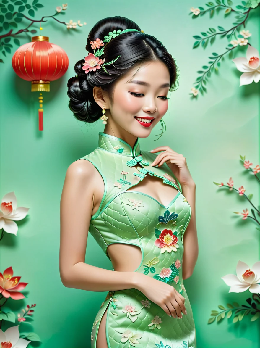 (paper art, Quilted paper art, 3d), (full body:1.5), 1 Cheongsam woman，shy，Close your eyes，slim body，Perfect proportions，Exquisite hair accessories，Smile，Oriental elements，Simple background，Mint Green，(Soft lighting，bokeh)，high quality，4K