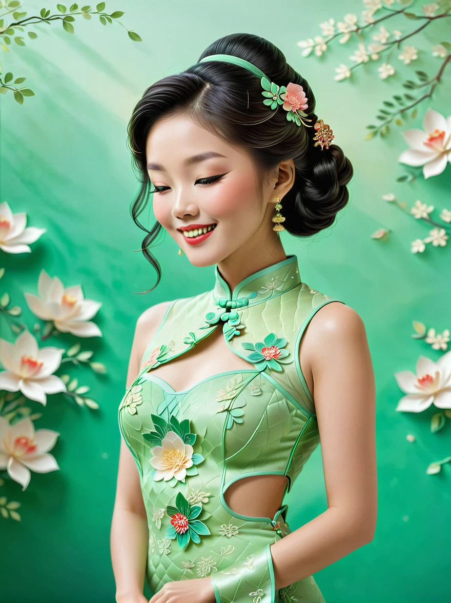 (paper art, Quilted paper art, 3d), (full body:1.5), 1 Cheongsam woman，shy，Close your eyes，slim body，Perfect proportions，Exquisite hair accessories，Smile，Oriental elements，Simple background，Mint Green，(Soft lighting，bokeh)，high quality，4K