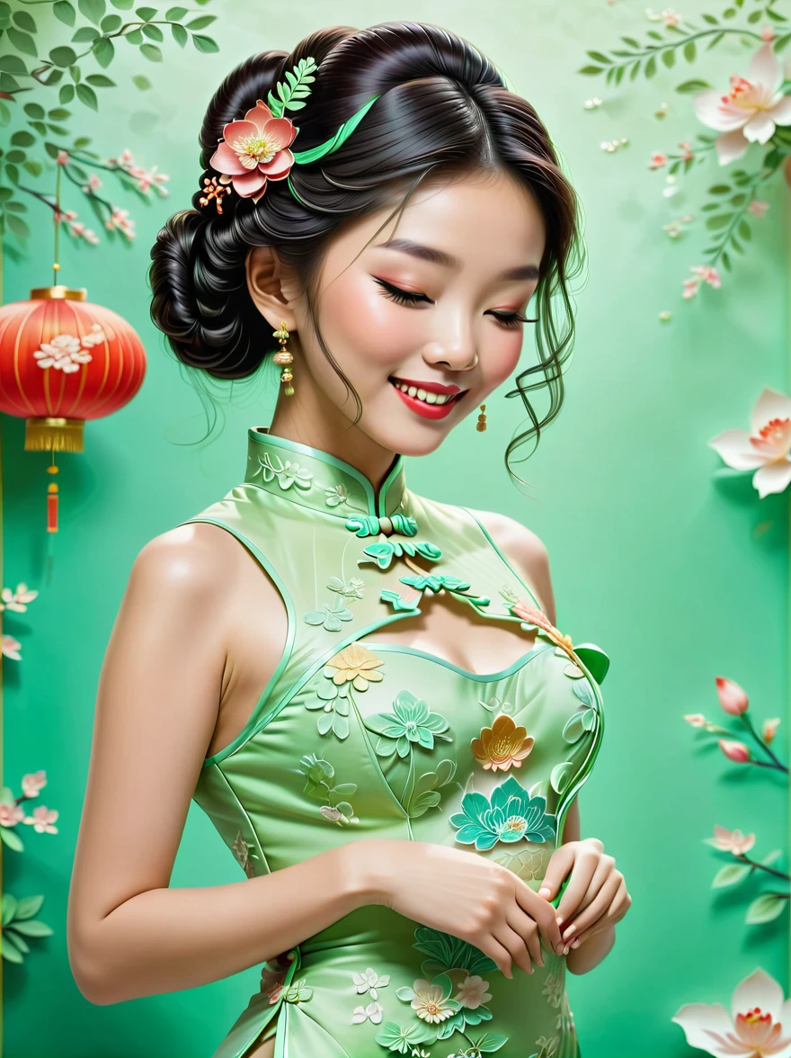 (paper art, Quilted paper art, 3d), (full body:1.5), 1 Cheongsam woman，shy，Close your eyes，slim body，Perfect proportions，Exquisite hair accessories，Smile，Oriental elements，Simple background，Mint Green，(Soft lighting，bokeh)，high quality，4K