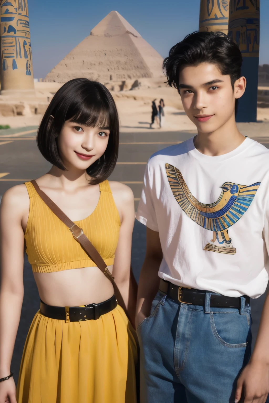 246 (In the mural2people々々々々), (An 18-year-old female and an 18-year-old male), short hair,kind, lipstick, Egyptian civilization, Waist belt, Hieroglyphics, smile