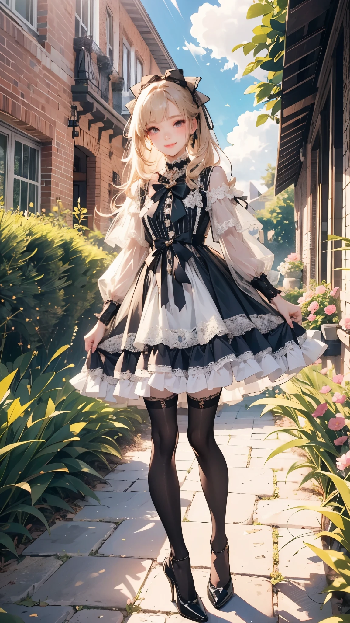 (Practical:1.3), Meticulous attention to detail, quality, (masterpiece:1.2), Delicate skin, (Intricate details), dramatic, Ray Tracing, 1 Girl, Smile, Very long hair, Bangs, Tutu,((Lolita_skirt)), have,Ribbon,Lace,stocking, High heel, (outdoor, Sunny Day, garden, cloud)