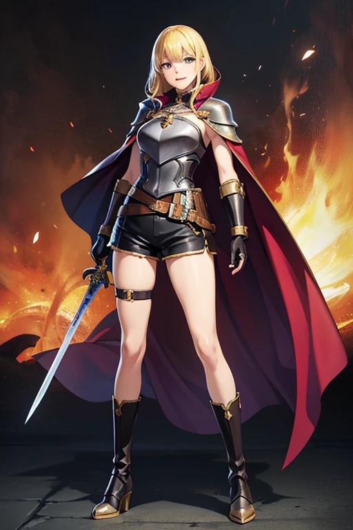 Anime Art、Full body portrait、Fantasy Outlaws、A woman around 35 years old, around 170cm tall, wearing leather armor and shorts, standing upright with a curved sword in her hand、Laughing with mouth open、Hairstyle is medium、Blonde、gloves、boots、Arm guard、Cape