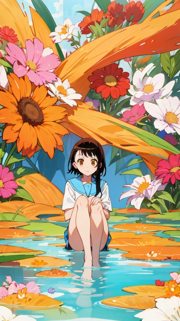 onodera kosaki, 
, serafuku, orange tie, light blue skirt, 
BREAK
masterpiece, best quality, highres, BREAK
,bored,old botanical garden daytime, , ruby theme, , eye level shot, hands on knees,, thighs