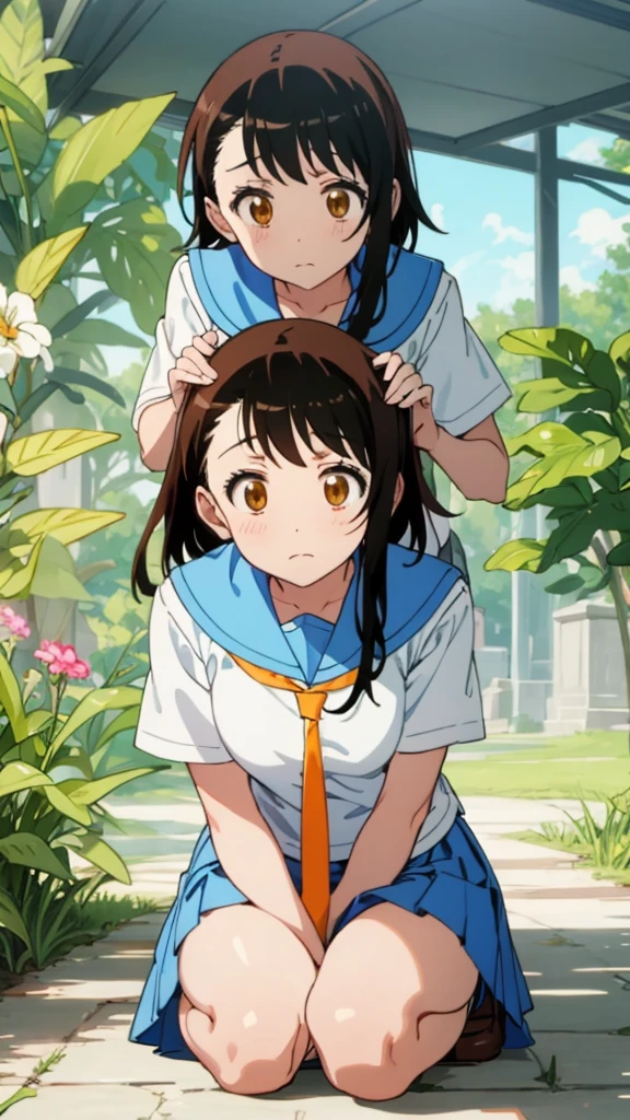 onodera kosaki, 
, serafuku, orange tie, light blue skirt, 
BREAK
masterpiece, best quality, highres, BREAK
,bored,old botanical garden daytime, , ruby theme, , eye level shot, hands on knees,, thighs