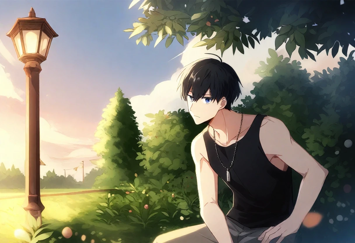 ung man, alone, focus man, black tank top, tank top, necklace, decorations, stare, annoying, trousers, black hair, Blue eyes, short hair, I brushed it back., look at viewer, sky, cloud, garden, garden ม้าsit, ม้าsit, sit, on ม้าsit, sit on ม้าsit, tree, light pole, outdoor, best quality, Amazing quality, The best aesthetics, nonsense, Year 2023