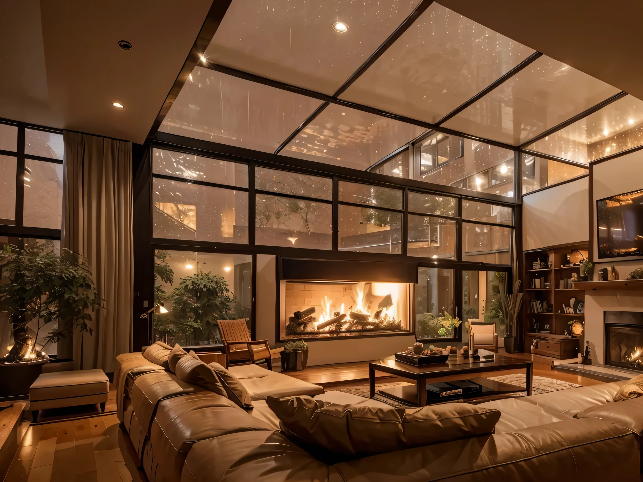 A Double-height ceiling living room with a large, floor-to-ceiling window. cozy ambiance with a fire place and a television.outside is dark and rainy