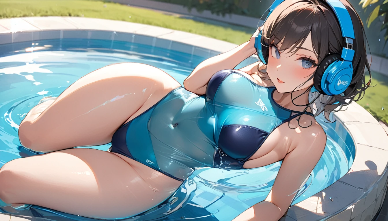 ((Top Quality)), ((Masterpiece)), ((Detail)), Perfect face, Perfact bodty, sitting on the swmming pool, listening to music, wearing headphones, wearing swimsuits, swimsuits are transparent, legs open Sitting wide open, wearing tight clothing (yes, buttocks and breasts are exposed). I see a face, one women