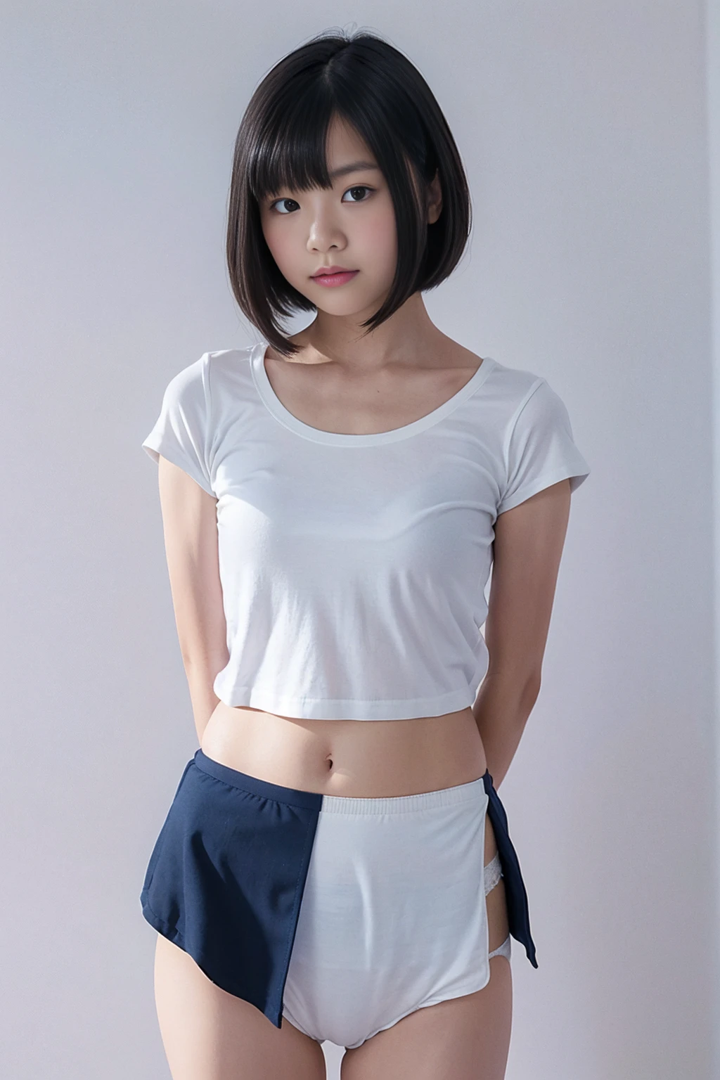 Picture taken from the front, with the left and right sides equally spaced, draw symmetrically, simple background, equally spaced left and right, stand upright, (cowboy shot), (arms behind back:1.5), One girl, 18 years old, very short hair, ((white t-shirt, navy blue panties))