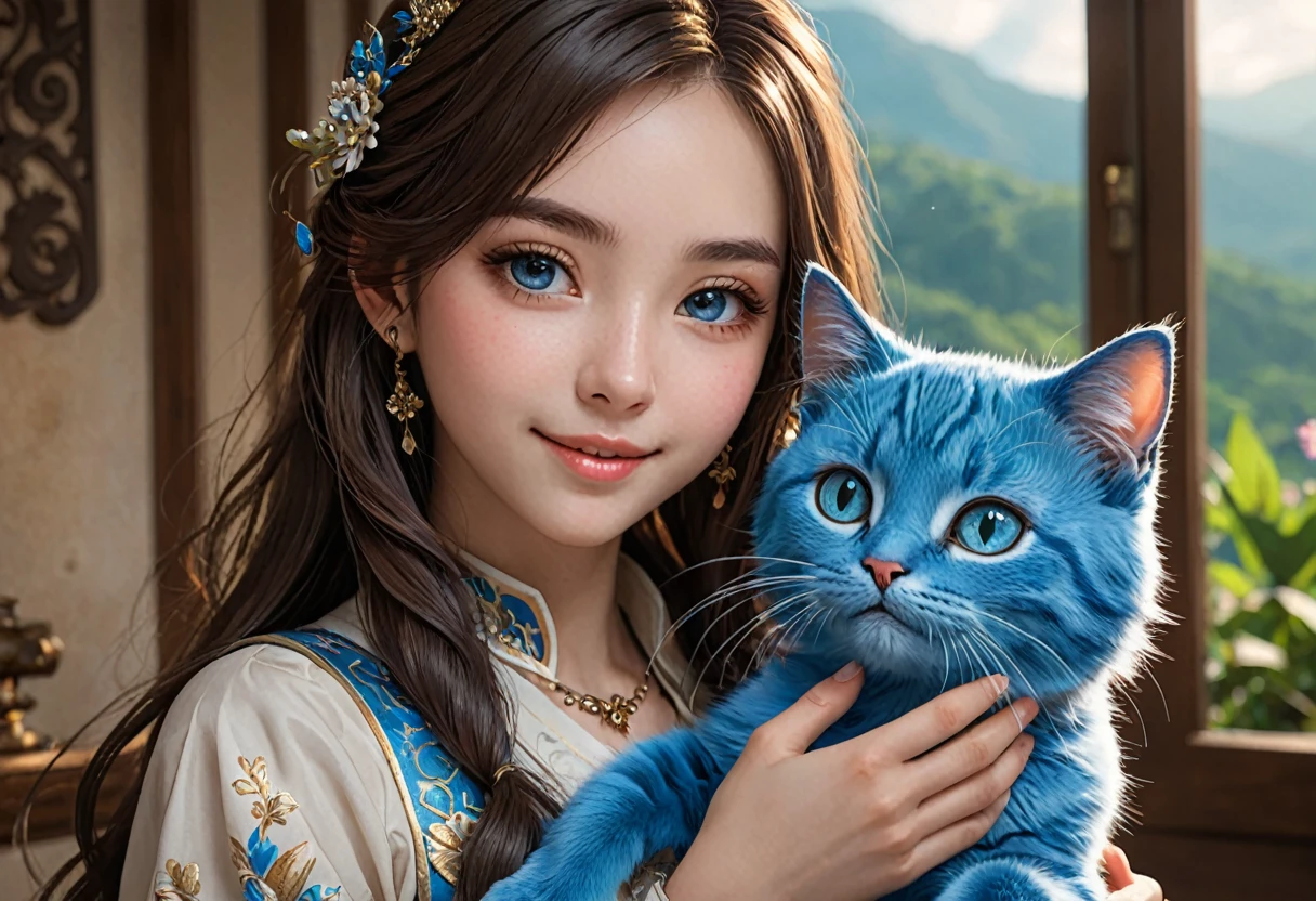 anime girl, smiling, holding cute blue cat, fantasy world, full body shot, detailed face and eyes, long hair, beautiful detailed eyes, beautiful detailed lips, extremely detailed face, long eyelashes, intricate details, highly detailed, (best quality, 4k, 8k, highres, masterpiece:1.2), ultra-detailed, (realistic, photorealistic, photo-realistic:1.37), vibrant colors, soft lighting, cinematic composition, atmospheric, digital art, concept art