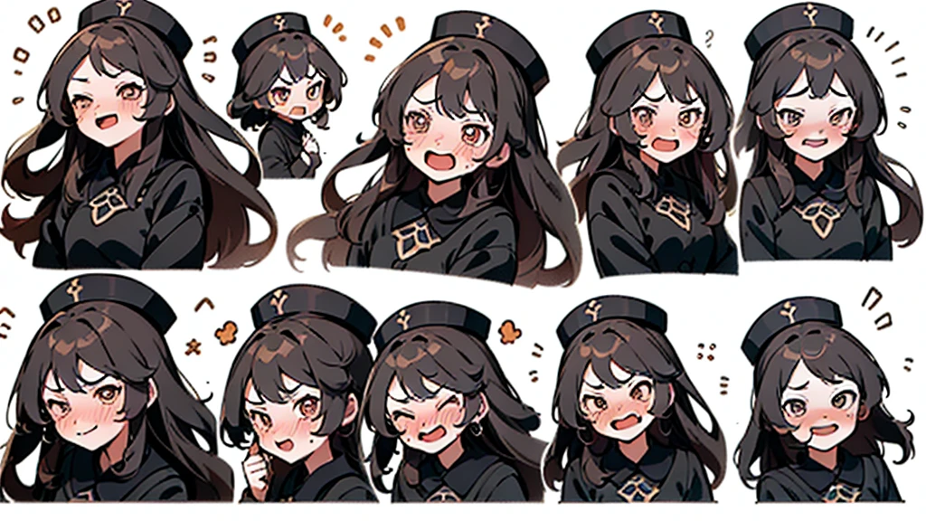 Original God Hu Walnut Expression Pack,Black hat,cheongsam, (((Crying face, Sad face, Excited face, Excited face))) , (((Detailed girl portrait table, Front diagram, side view, three quarter view))) (((White background)))
