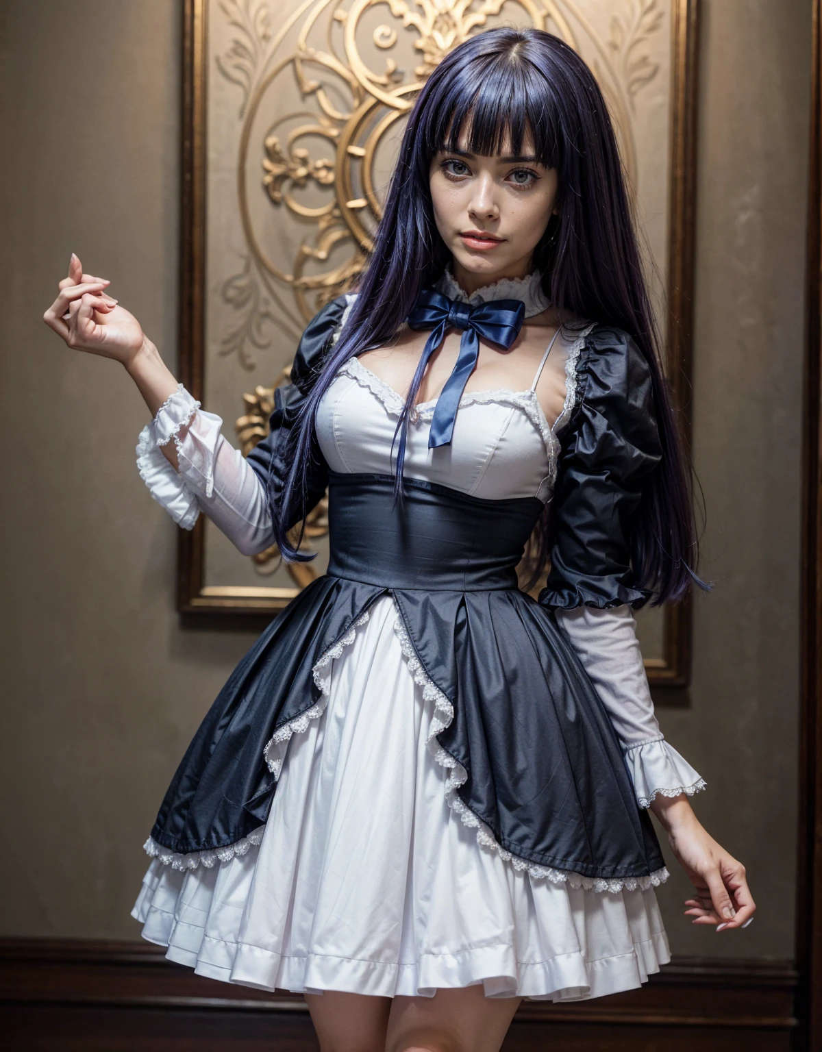 1 chica, full body photography, athletic, strong woman body, slim woman body, bowtie, frills, black dress, puffy sleeves, short over long sleeves, long sleeves, deep-blue hair, long hair, frederica bernkastel, purple hair, dress, bowtie, mary janes, socks, cat tail, tail bow, tail ornament,
purple eyes, constituir, Volumetric lighting, Mejor calidad, obra maestra, detalles intrincados, mapeo de tonos, sharp focus, hiper detallado, tendencia en artstation, Realista, belleza de talla mundial, joy face, vista frontal, detailed background, centered photo, perfectly drawn hands