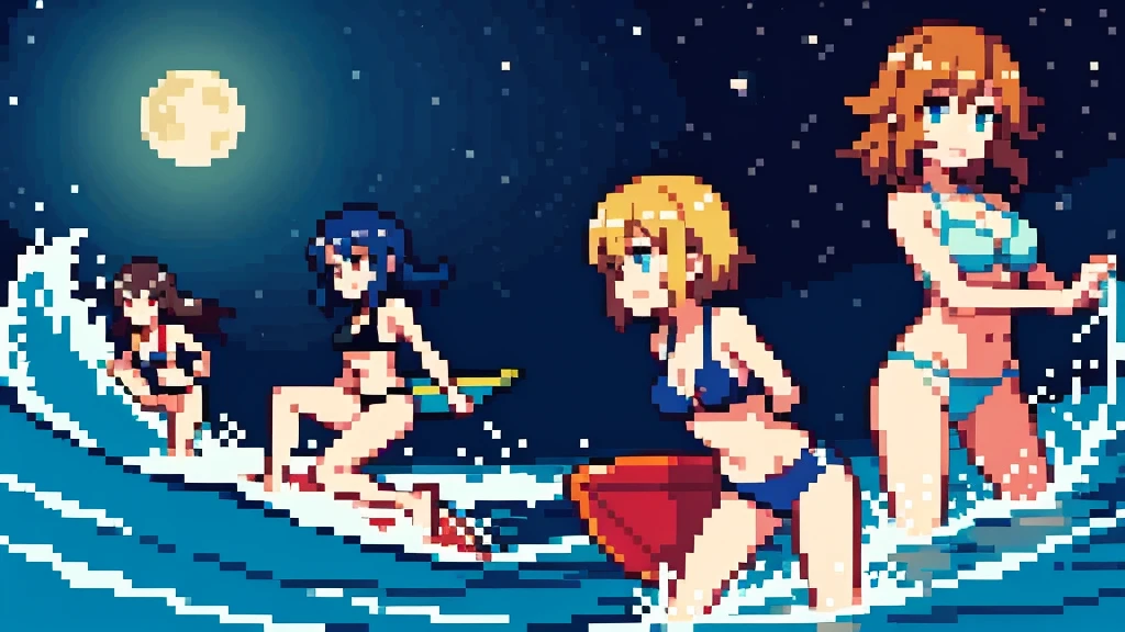Three girls in bikinis surfing side by side on a moonlit night。