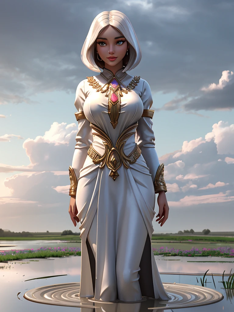 A naked queen, arabian, gorgeous face, hourglass body, bobcut hair, huge breasts size, cloudy sky, sparse rain, mud puddle, soft bloom1.1, highly detailed body, ray tracing, (detailed skin complexion1.1), ambient occlusion, best quality, natural colors, 3D rendering