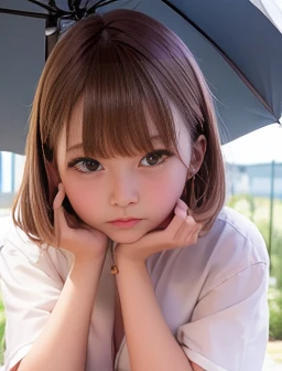 Holding an open umbrella、1 girl crouching、On a puddle、Mini Chinese clothes、Bob Hair、Brown Hair、Medium breast、Weeping face、Detailed Background、On the road、Accurate Face、Beautiful face、Accurate anatomical limbs、(masterpiece、Highest quality、Raw photo quality、8K)、