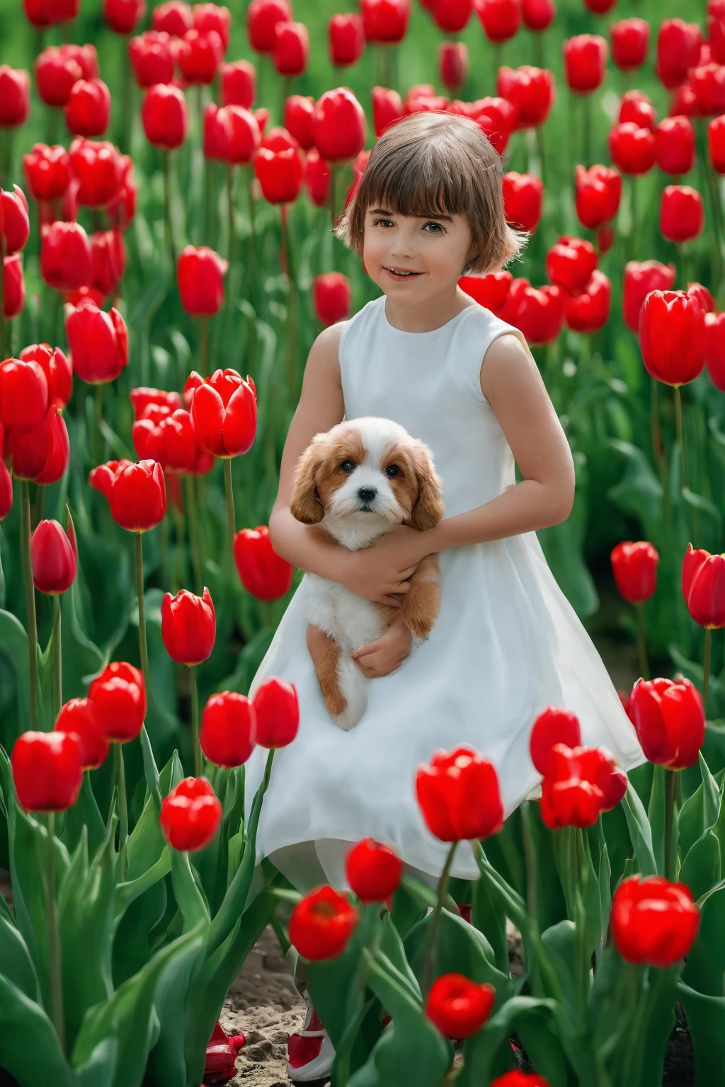 Highly realistic photo, ((masterpiece), (best quality), (raw photo), (photorealistic:1.4), Photo of a 6-year-old girl, short hair, wearing a white dress, holding a red stuffed dog, photo taken in a tulip garden, photo taken by Sony A7IV
