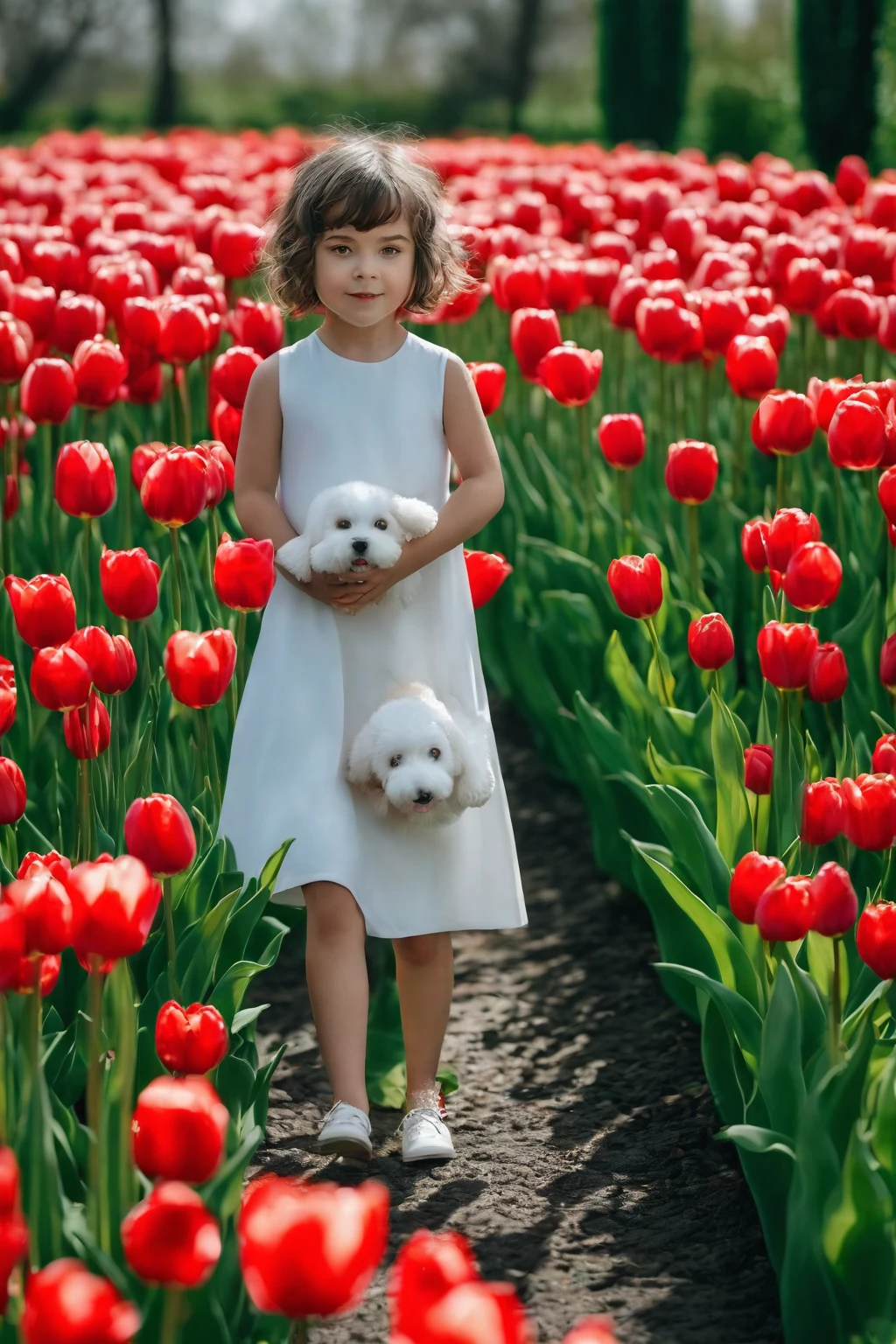 Highly realistic photo, ((masterpiece), (best quality), (raw photo), (photorealistic:1.4), Photo of a 6-year-old girl, short hair, wearing a white dress, holding a red stuffed dog, photo taken in a tulip garden, photo taken by Sony A7IV
