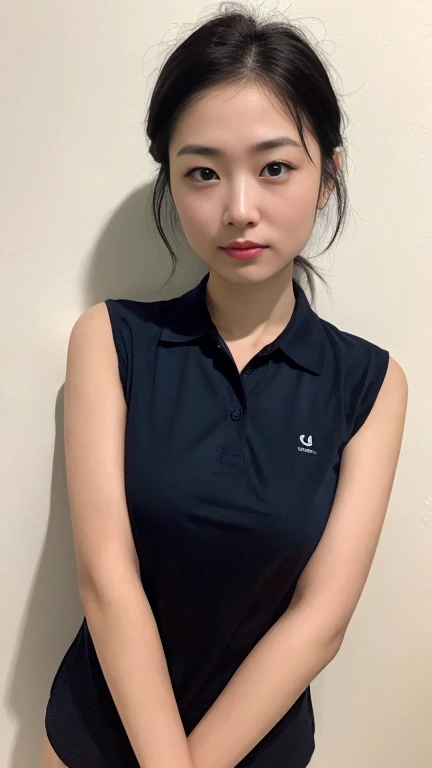 high quality,masterpiece,Ultra-high resolution,(Realistic:1.4),Beautiful lighting, (Highly detailed CG Unity 8k wallpaper), Beautiful face in every detail,Detailed clothing, 50mm portrait photography, No background、One Girl,Big black eyes, cute, young, stop temporarily, Facial Lighting, Physically Based Rendering,Written boundary depth , Black Hair, (Short bun hair), ((Take from above)), Japanese women、20-year-old、(Navy blue polo shirt)、(Big Breasts)、(Upper Body)、Beautiful young woman taking a selfie, Taken with iPhone camera、In front of a white wall