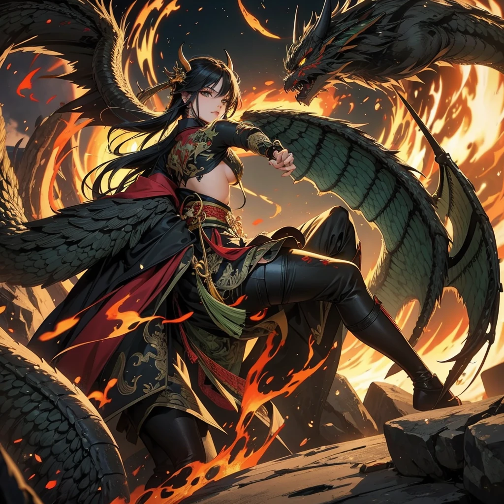 beautiful dark angel fighting with dragon demon, tattoo, fire, sword, kimono, demon, many shades of yellow and green