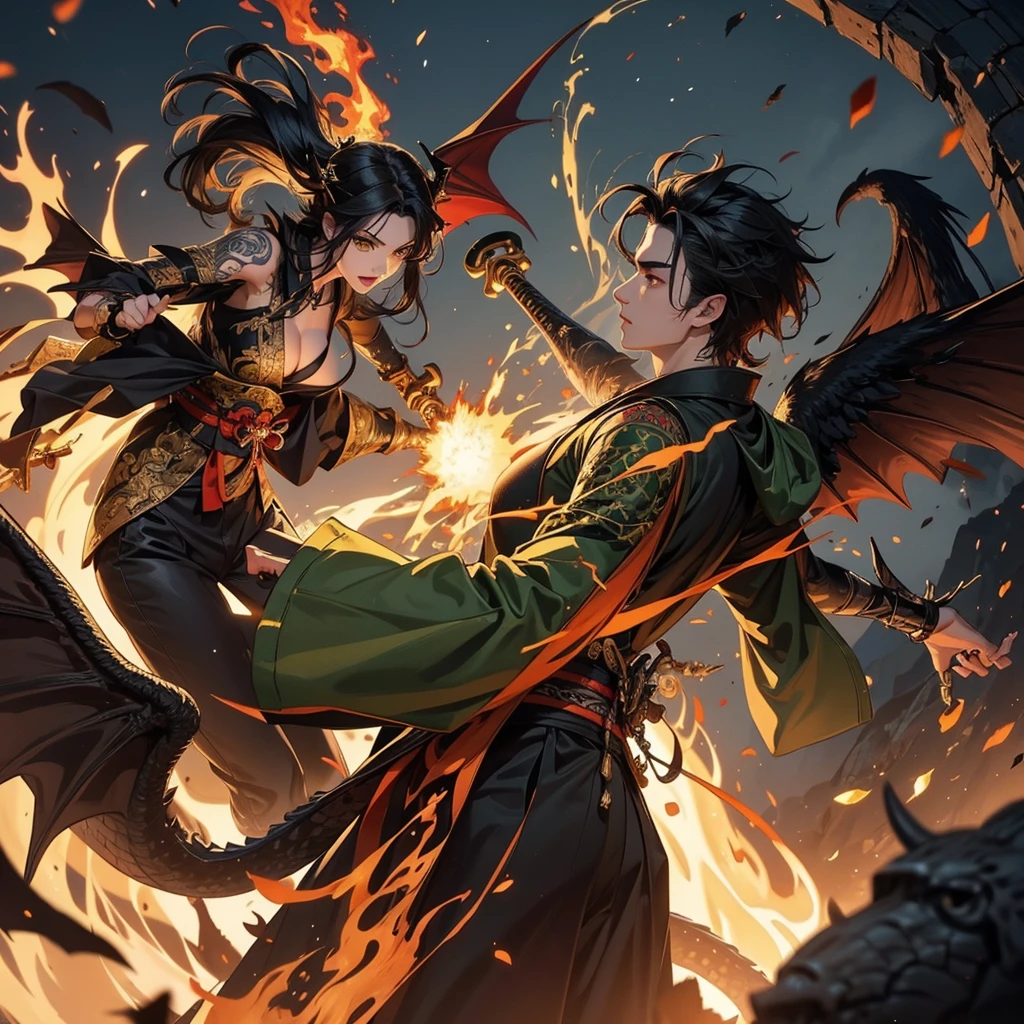 beautiful dark angel fighting with dragon demon, tattoo, fire, sword, kimono, demon, many shades of yellow and green