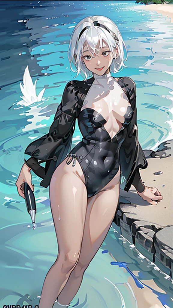 ((High quality)),masutepiece,(Detailed depiction of local details:1.2),2girl,Plump breasts,Enchanted Valley,Closed mouth,Eyelashes,nipple bigboobs,Portrait,White hair,black theme,Short hair,yorha no. 2 Type B,(((White hair and black hair)))、 Full body view、(((Midsummer beach)))((Woman in white swimsuit、Woman in black swimsuit)((Two people smiling))((Light skin and dark skin))(((Black Hair、Dark Skin、Woman in Black Dress)))((white thong))((black thong))((Enjoy swimming in the sea))(((Sexy Bikini)))((Splashing water on the beach、((Small breasts))