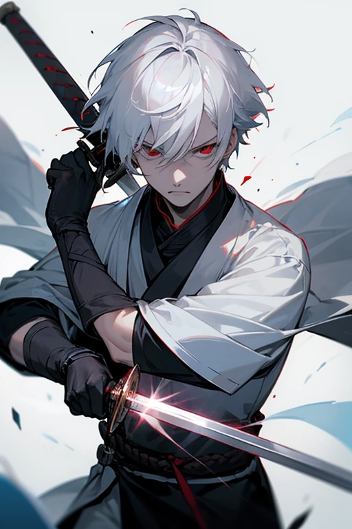 male、White Hair、Short Hair、Red Eye、Cold-blooded man、Handsome、Cold Face、Well-formed face、sword、sharp、Swordmaster、aura、spirit、青いaura、