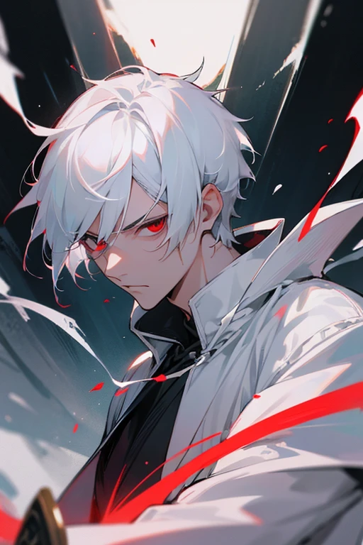 male、White Hair、Short Hair、Red Eye、Cold-blooded man、Handsome、Cold Face、Well-formed face、sword、sharp、Swordmaster、aura、spirit、青いaura、