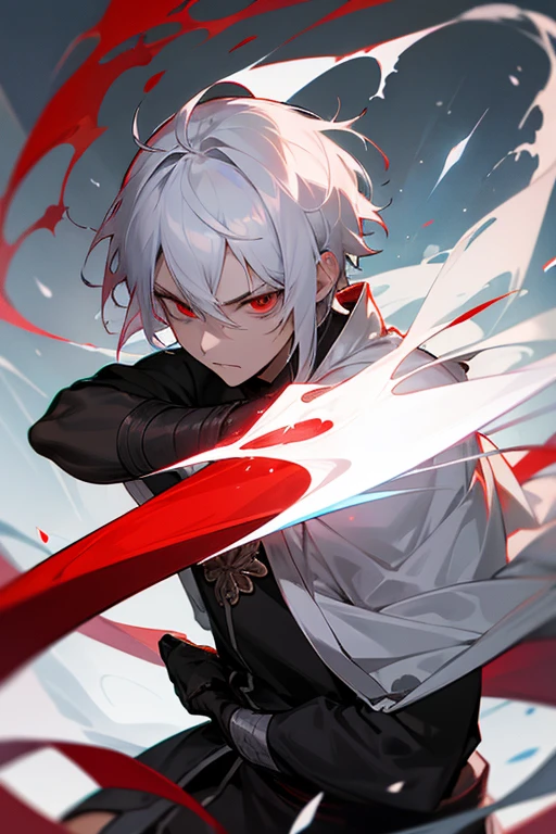 male、White Hair、Short Hair、Red Eye、Cold-blooded man、Handsome、Cold Face、Well-formed face、sword、sharp、Swordmaster、aura、spirit、青いaura、
