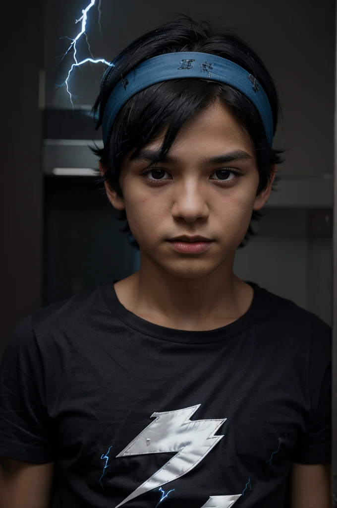 A boy has black hair and a blue headband and a black short-sleeved shirt with a blue lightning bolt in the middle