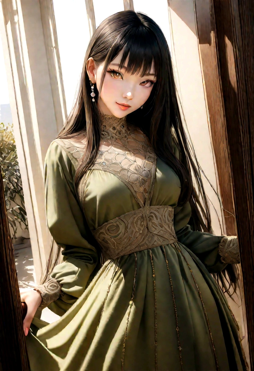 (masterpiece, best quality , high resolution:1.2), (photo realistic:1.2), (intricate and beautiful:1.2) , detailed light, bright light, (colorful and dynamic angle), upper body shot, fashion photography, 1 girl, acmm ls outfit, wearing acmm top, olive green acmm top, long sleeves, wearing acmm long skirt, olive green acmm long skirt, printed skirt, posing for photo, long straight hair, teasing look, gazing with a playful and teasing expression, igniting curiosity and attraction, attractive