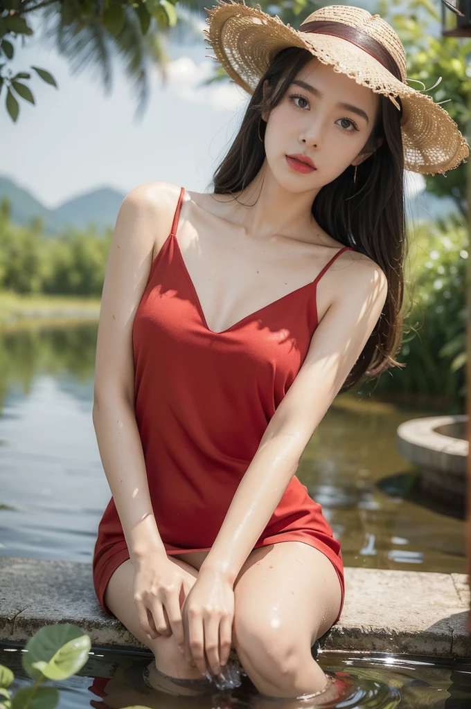 (((best quality))),(((ultra detailed))),(((masterpiece))),illustration,1 beautiful girl,slim,straw hat,shiny skin,dark skin,sweat,wet,flat chest,short Embroidered red cheongsam,bare arms,sitting in the pond filled with Rice seedlings,upper body,elegant, clear sky, sunlight, dreamy, contrast, natural,Chinese rural landscape,The body below the neck is in water