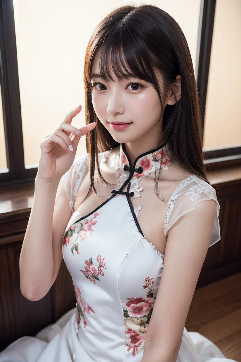 ((China dress:1.3)), Skin color, big , smile, (8K, RAW Photos, Highest quality, masterpiece:1.2), masterpiece, super detailed, super high quality, (Realistic and photorealistic photography:1. 37), High-resolution RAW color photos, Very delicate and beautiful, highly detailed, 8K壁紙, wonderful, detailed, Very eye, very detailed, very detailed skin, very thin fingers, very detailed nose, very detailed mouth, Perfect ???????, Upper Body, Transparency, small , Nogizaka idol, Korean Idol, idol carving&#39;stop temporarily, 18-year-old, cheap, Cafe, restaurant, Italy, deer, Australia, break ((Upward glance)), ((angle From above: 1. 3)), From above, Looking into the camera,