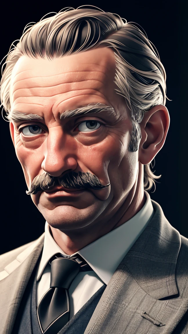 beautiful detailed portrait of Ferdinand Porsche, realistic, photorealistic, 8k, ultra-detailed, sharp focus, masterpiece, highly detailed face, focused expression, German engineer and designer, wearing suit and tie, serious look, middle-aged man, studio lighting, warm color tones, cinematic lighting, elegant background