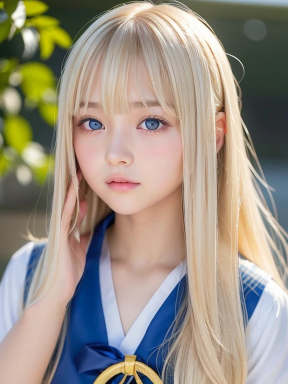 Silky skin and glowing cheeks、A very beautiful and adorable 20 year old girl、((Long bangs that reach down to the nose and between the eyes,,,))、Beautiful and cute young woman with very long, silvery, silky platinum blonde hair、Very beautiful pale yellow eyes shining、Bright expression、Summery clothes、Flat Chest、