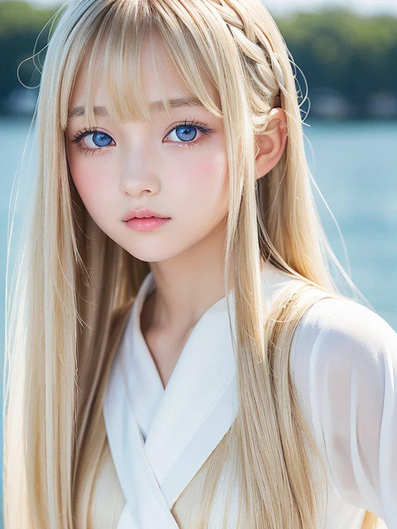 Silky skin and glowing cheeks、A very beautiful and adorable 20 year old girl、((Long bangs that reach down to the nose and between the eyes,,,))、Beautiful and cute young woman with very long, silvery, silky platinum blonde hair、Very beautiful pale yellow eyes shining、Bright expression、Summery clothes、Flat Chest、