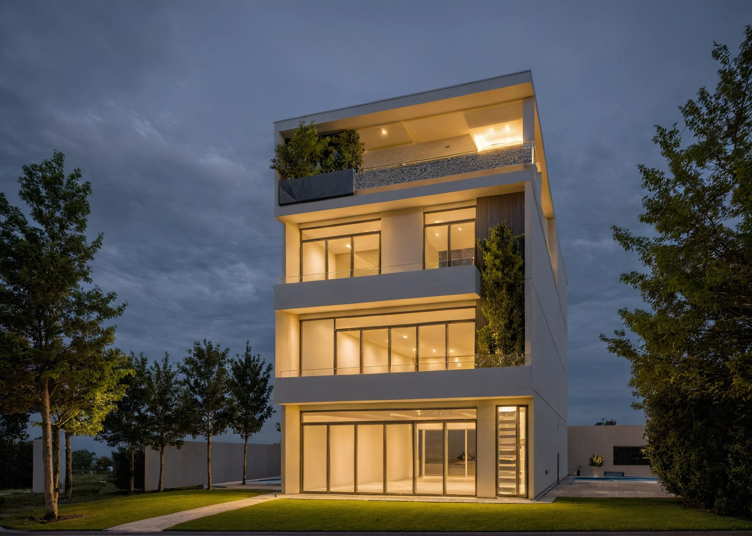 Masterpiece, high quality, best quality, authentic, super detail, outdoors, onestoreyvillaXL, aiaigroup, luxury house style modern on the street ,glass, stairs, white wall ,road,pavement, grass, trees, sky, cloud, (night light:1.1)