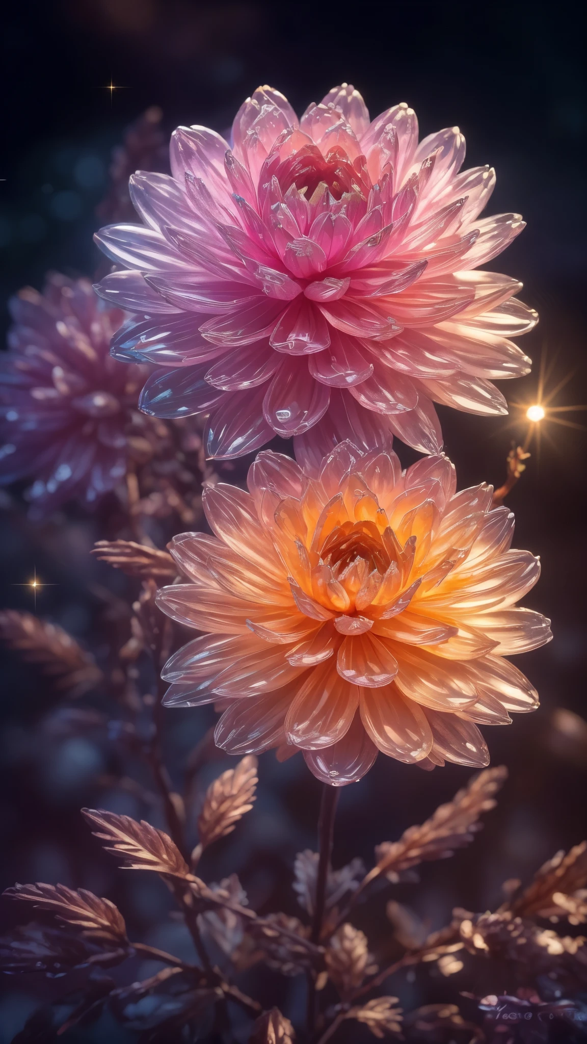 Crystal Blossom Flower,Dahlia Fantasy, Milky Way, transparent, 
Sparkling, Sparkling, wonderful, colorful, 
Magical Pictures, Dramatic lighting, Photographic realism, Super detailed, 4K, Depth of written boundary, High resolution