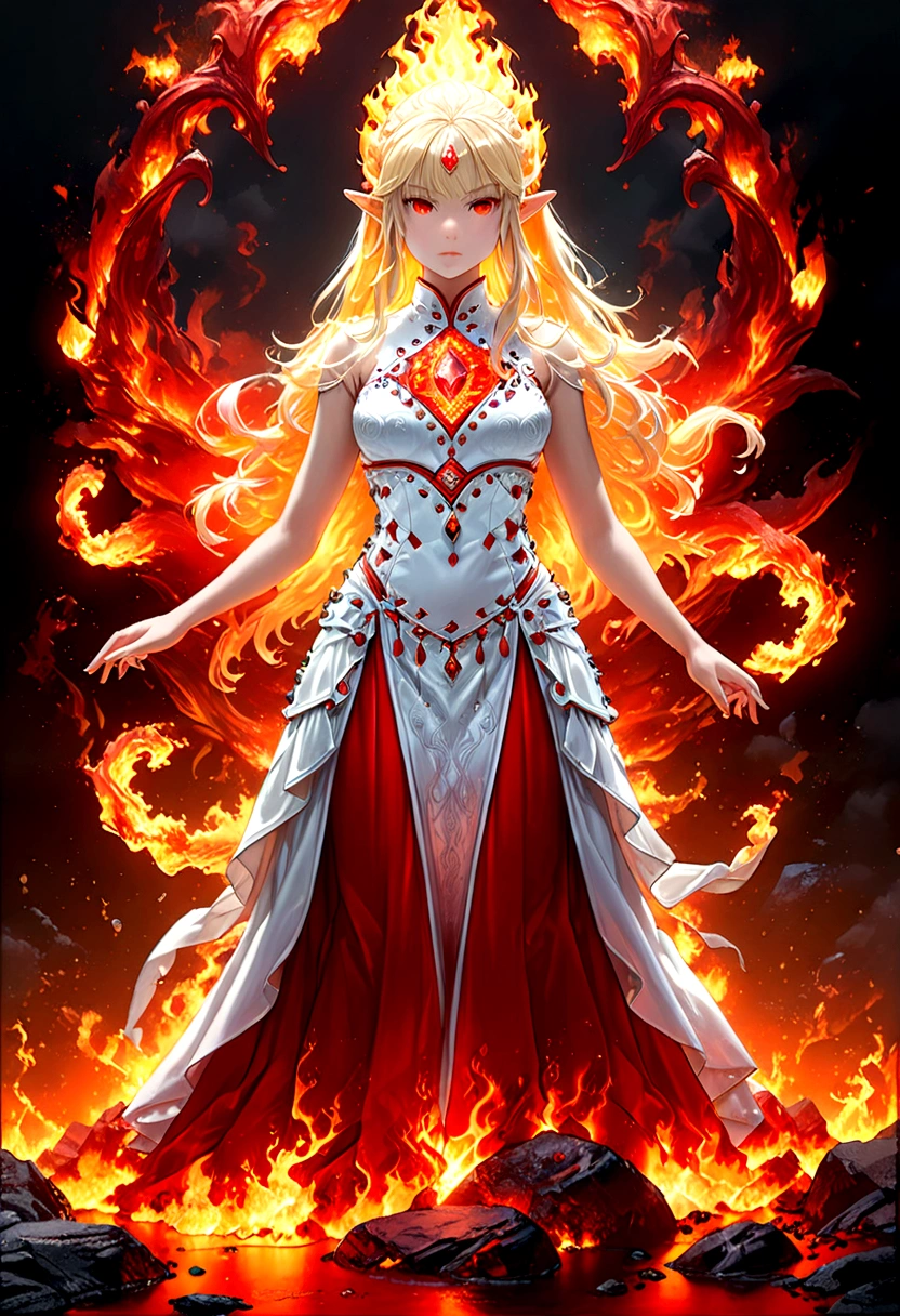 high details, best quality, 16k, [ultra detailed], masterpiece, best quality, (extremely detailed), full body, ultra wide shot, photorealistic, fantasy art, dnd art, rpg art, realistic art, an ultra wide picture of a female elf (intricate details, wearing fiery (white Cheongsam studded with red diamonds: 1.5), Masterpiece, best quality: 1.5) goddess of fire ((fiery radiant aura)), controlling a swirling red fire, fiery red radiant magic (1.5 intricate details, Masterpiece, best quality), manipulating purple radiant magical symbols, [[divine symbols]] (intricate details, Masterpiece, best quality: 1.5), elf female, (blond hair: 1.3), long hair, hair with aura, with red radiant eyes, intense eyes, ((radiant eyes)), (( red glowing eyes)), she wears Cheongsam with fiery patterns,  the fire leaps from the Cheongsam, fantasy volcano back ground, streams of lava, celestial background, ((divine worship atmosphere)), high details, best quality, highres, ultra wide angle, faize, diam0nd