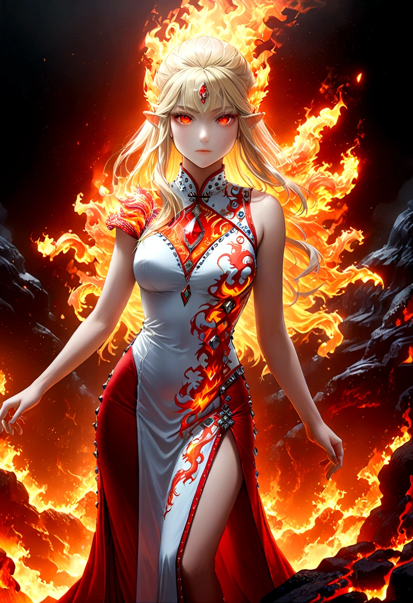 high details, best quality, 16k, [ultra detailed], masterpiece, best quality, (extremely detailed), full body, ultra wide shot, photorealistic, fantasy art, dnd art, rpg art, realistic art, an ultra wide picture of a female elf (intricate details, wearing fiery (white Cheongsam studded with red diamonds: 1.5), Masterpiece, best quality: 1.5) goddess of fire ((fiery radiant aura)), controlling a swirling red fire, fiery red radiant magic (1.5 intricate details, Masterpiece, best quality), manipulating purple radiant magical symbols, [[divine symbols]] (intricate details, Masterpiece, best quality: 1.5), elf female, (blond hair: 1.3), long hair, hair with aura, with red radiant eyes, intense eyes, ((radiant eyes)), (( red glowing eyes)), she wears Cheongsam with fiery patterns,  the fire leaps from the Cheongsam, fantasy volcano back ground, streams of lava, celestial background, ((divine worship atmosphere)), high details, best quality, highres, ultra wide angle, faize, diam0nd