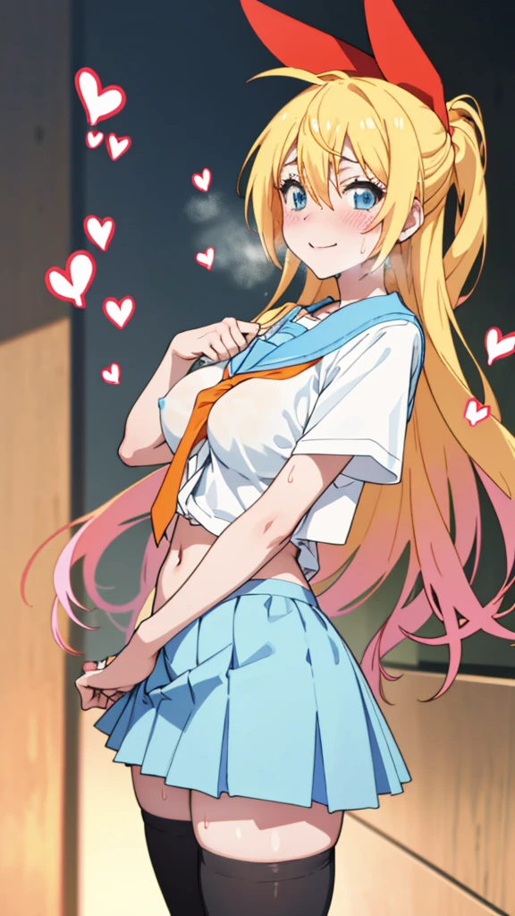 kirisaki chitoge, , serafuku, orange tie, light blue skirt, black thighhighs
, masterpiece, best quality, highres,
BREAK,big breasts,looking viewer
, (spoken hearts,sweating:1.2),smile,(((nsfw)))