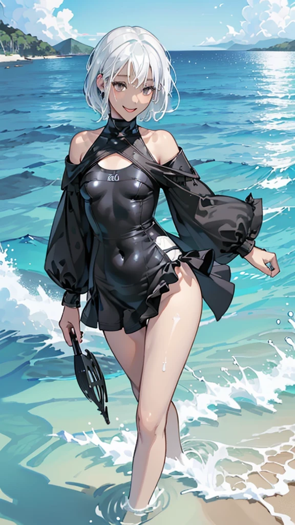 ((High quality)),masutepiece,(Detailed depiction of local details:1.2),2girl,Plump breasts,Enchanted Valley,Closed mouth,Eyelashes,nipple bigboobs,Portrait,White hair,black theme,Short hair,yorha no. 2 Type B,(((White hair and black hair)))、 Full body view、(((Midsummer beach)))((Woman in white swimsuit、Woman in black swimsuit)((Two people smiling))((Light skin and dark skin))(((Black Hair、Dark Skin、Woman in Black Dress)))((white thong))((black thong))((Enjoy swimming in the sea))(((Sexy Bikini)))((Splashing water on the beach、((Small breasts))
