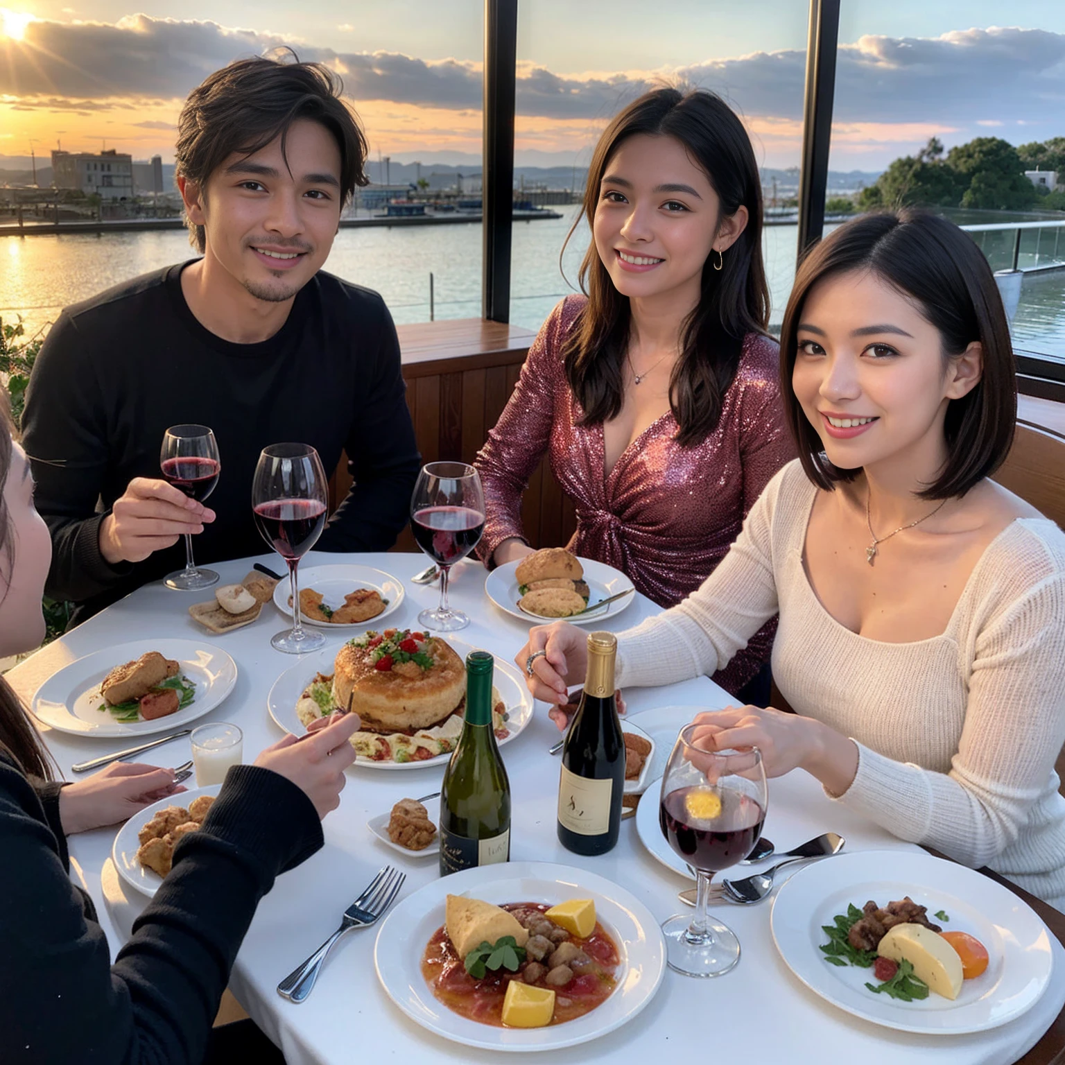 ((Highest quality、8K、masterpiece:1.3))、 (Genuineistic, Genuine、Bright image、Intricate details:1.2), 最高のsmile、1 male 1 female、Wine Party、Love Love Love、fiancee、Model Friends、actress couple、smile、A full-course dinner with a full table、 (Slim face), (the body is slim), (Brown Hair), (short hair), テーブルのwine glass、Please shine a light on my face、 Amazing view of the sunset sky and clouds、9 years old, 41 years old、red wine 、Appetizers、Wine bottle、sparkling wine、Long sleeve shirt、dress、White wine, red wine, wine glass,