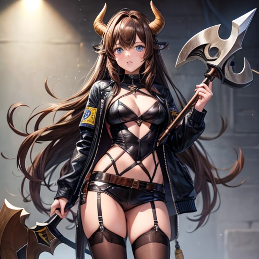 Brown haired Minotaur　Blue-eyed beautiful boy　　Cow horn　Cow earless　Have a battle axe　　long hair　Crossdresser　Wearing a jacket