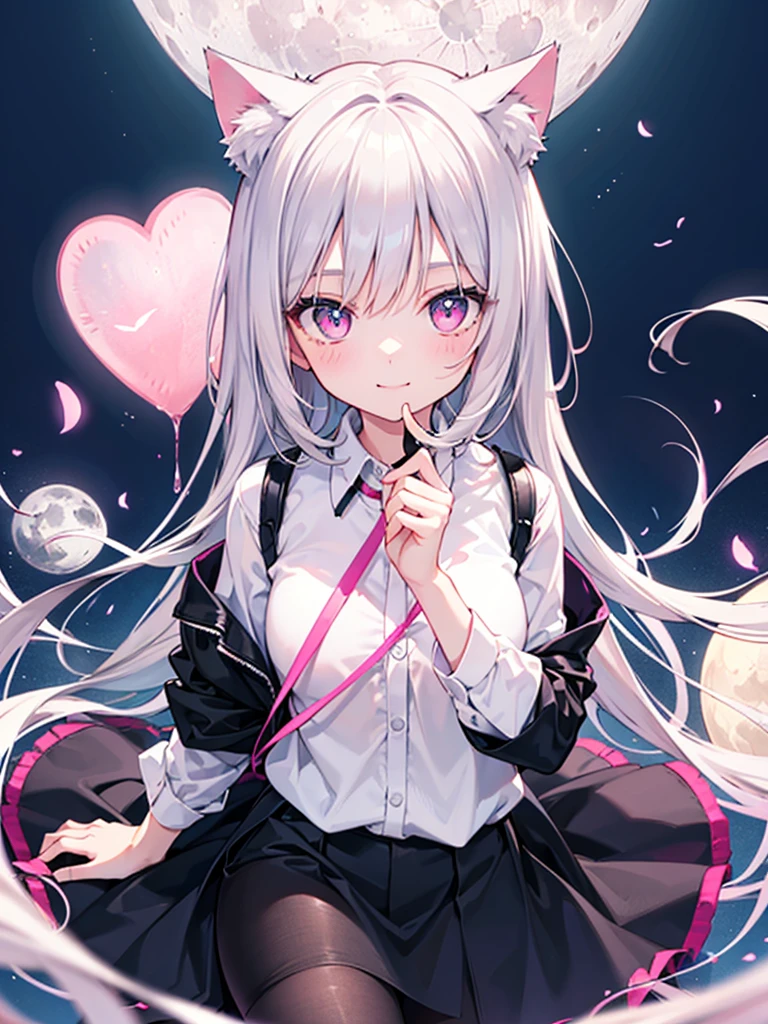 Highly detailed face,fine grain,Sparkling eyes,Highlighted eyes,Medium chest,pretty girl,smile,Cat ear,Beautiful silver hair,Pink inside,Beautiful pink eyes,Oversized shirt、skirt,black tights,moon