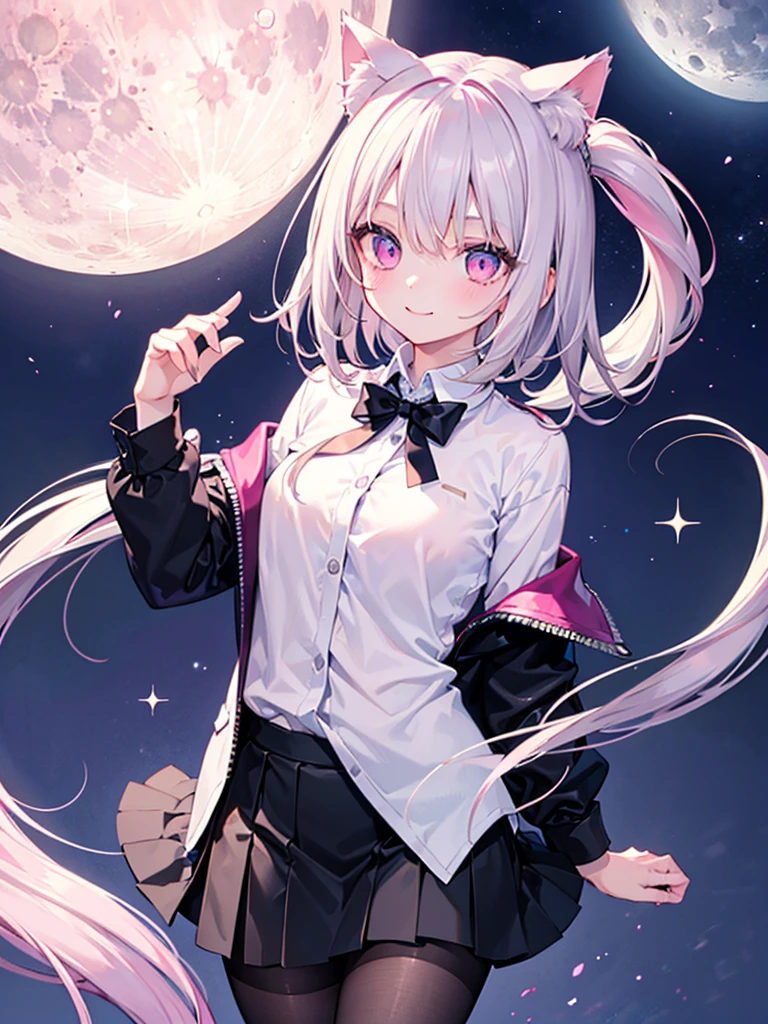 Highly detailed face,fine grain,Sparkling eyes,Highlighted eyes,Medium chest,pretty girl,smile,Cat ear,Beautiful silver hair,Pink inside,Beautiful pink eyes,Oversized shirt、skirt,black tights,moon