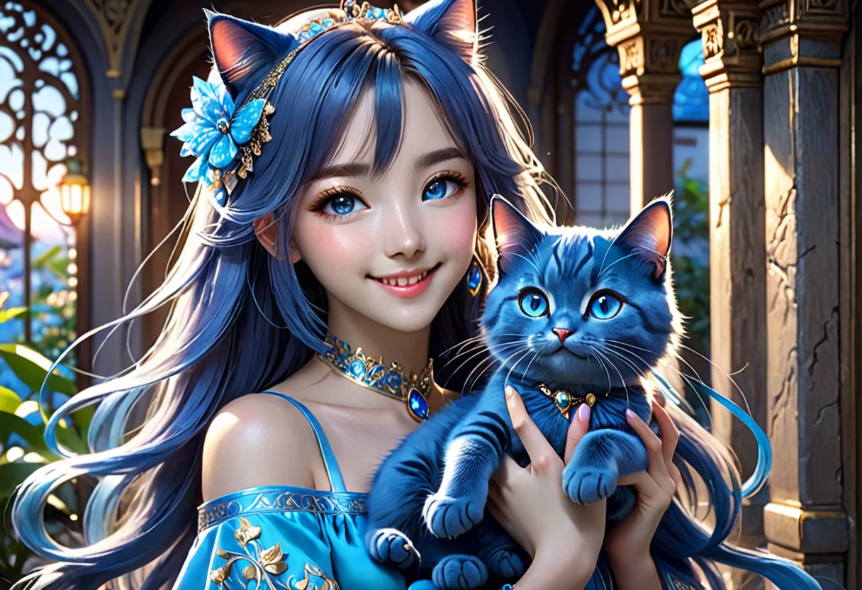 anime girl, smiling, holding cute blue cat, fantasy world, full body shot, detailed face and eyes, long hair, beautiful detailed eyes, beautiful detailed lips, extremely detailed face, long eyelashes, intricate details, highly detailed, (best quality, 4k, 8k, highres, masterpiece:1.2), ultra-detailed, (realistic, photorealistic, photo-realistic:1.37), vibrant colors, soft lighting, cinematic composition, atmospheric, digital art, concept art