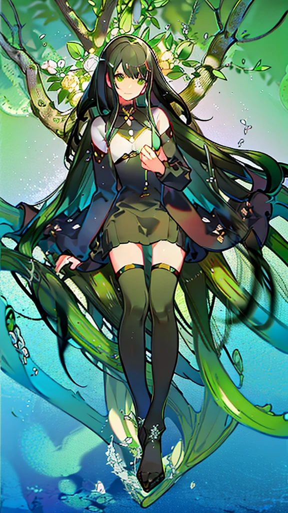 black haired girl,Eyes as green as peridot,DC sea long hair,Wearing a sweater jacket and long black stockings,Sit under a tree,With a smile,Ultra HD,Delicate and delicate fingers,masterpiece,Colorful