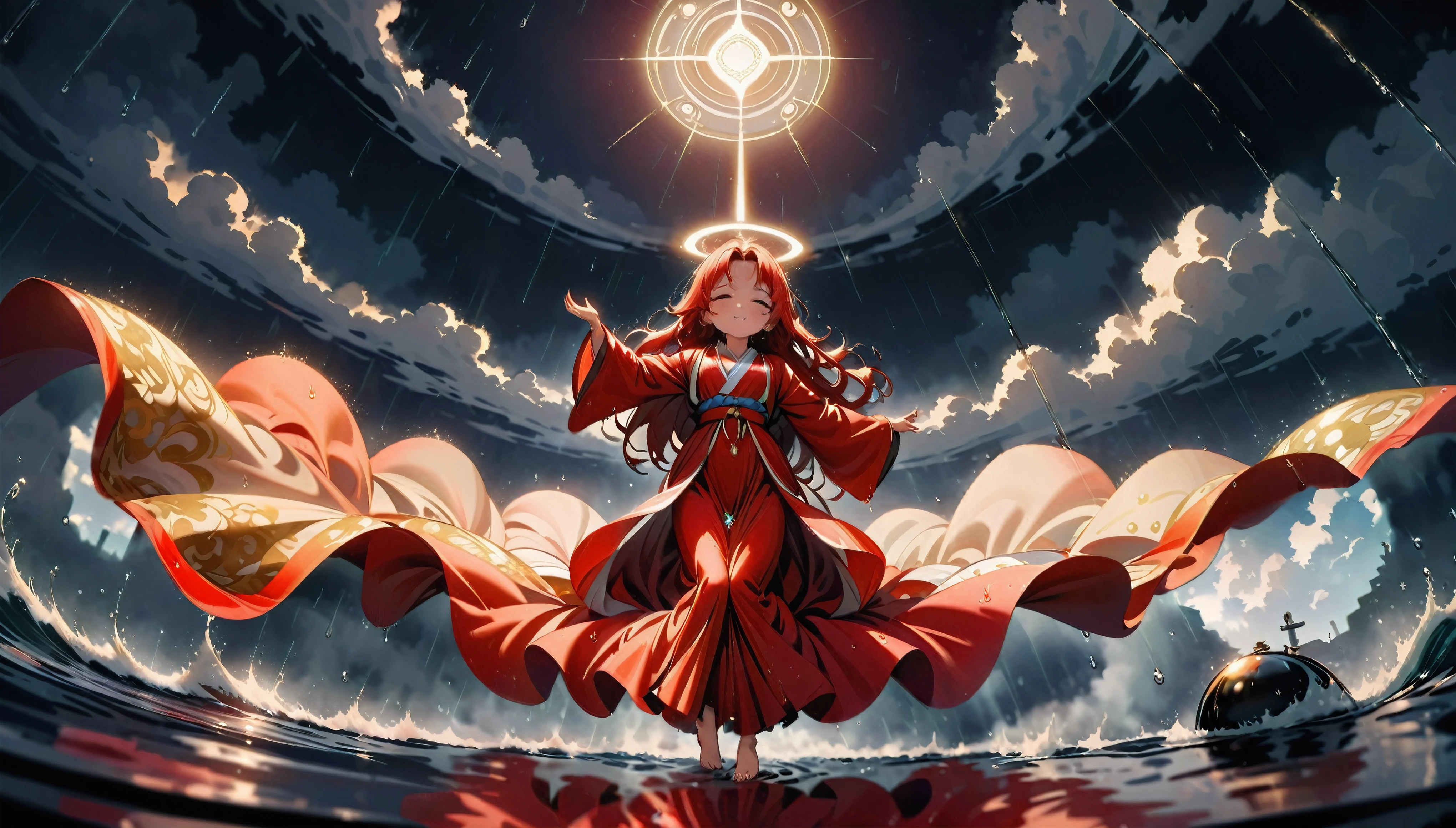 (full body), (solo), (A :1.2), (very young little girl), l, (small breas(wide angle), raw photo, Aesthetic, Convoluted, Awarded, chiaroscuro, Best Quality, Detailed background, (Misty atmosphere:1.2), (hard rainy day:1.1),((Girl in red very long hanfu:1.2)), large red silk hanfu, long red hanfu with a silk texture, best wrinkles, real wrinkles, best shadows, (wet, wet body, wet hair, wet skin, very wet red hanfu, reflection on the wet hanfu, delicate cherry blossom embroidery, subtle water droplets:1.15), (water spray:1.1), The downpour cascades from the heavens, each droplet a crystal bead against the backdrop of the dusky sky. The little girl, a vision in scarlgracefully, her red long dress adorned with intricate golden patterns that shimmer in the rain's soft light. The fabric, once crisp and structured, now clings to her form, revealing the contours of her youthful silhouette. Her hair, once neatly styled, now falls in damp strands around her face, framing her features with a natural, wild beauty. The rain has washed away any semblance of artifice, leaving only the pure essence of her spirit exposed. Barefoot, her feet press into the cool, damp earth, each step a connection to the sacred ground beneath her. As she dances, her movements are fluid and free, a dance not of choreographed steps but of spontaneous expression. Her arms extend, hands gracefully tracing the air, as if drawing the raindrops into her orbit. The rain-soaked dress flows with her, the hem fluttering like wings as she spins, creating a halo of water around her. The scene is one of serene tranquility, yet there is an undercurrent of sacred power. The rain, the earth, the girl, all are part of an ancient ritual, a dance of life and renewal. The air is filled with the scent of wet earth and the faintest hint of something more—a hint of incense, perhaps, or the memory of prayers whispered long ago. This is a moment frozen in time, a snapshot of innocen