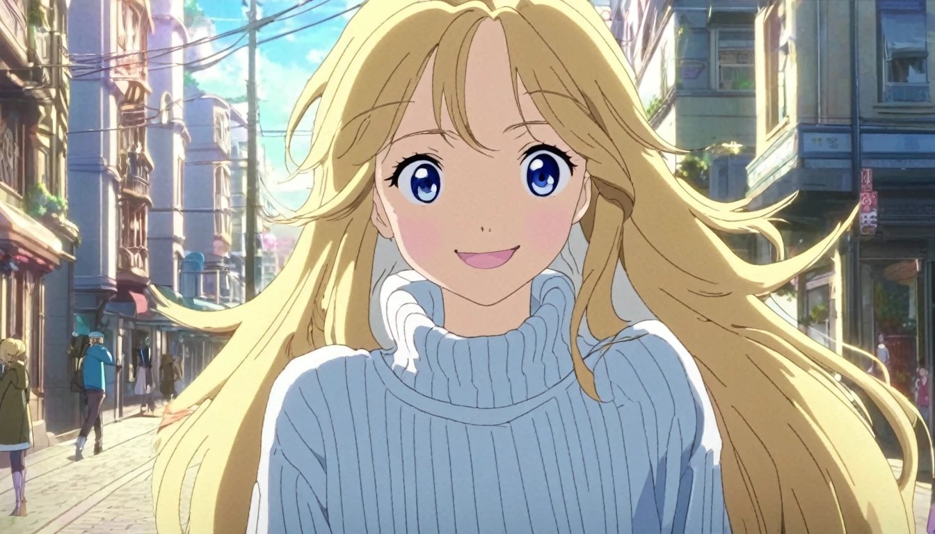 Anime screencap, anime style, anime scene, A teenage girl with long blonde hair and blue eyes is giving the viewer a gentle smile. She is wearing a white sweater, and the background is a beautiful city street.