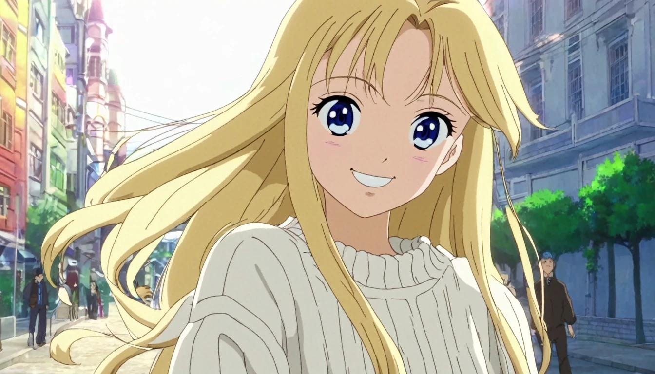 Anime screencap, anime style, anime scene, A teenage girl with long blonde hair and blue eyes is giving the viewer a gentle smile. She is wearing a white sweater, and the background is a beautiful city street.