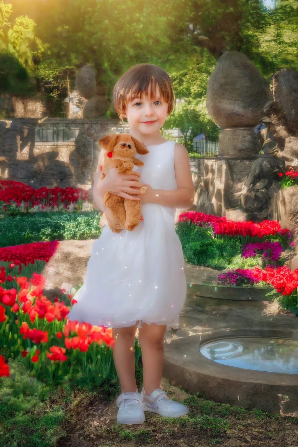 Highly realistic photo, ((masterpiece), (best quality), (raw photo), (photorealistic:1.4), Photo of a 6-year-old girl, short hair, wearing a white dress, holding a red stuffed dog, photo taken in a tulip garden, photo taken by Sony A7IV
